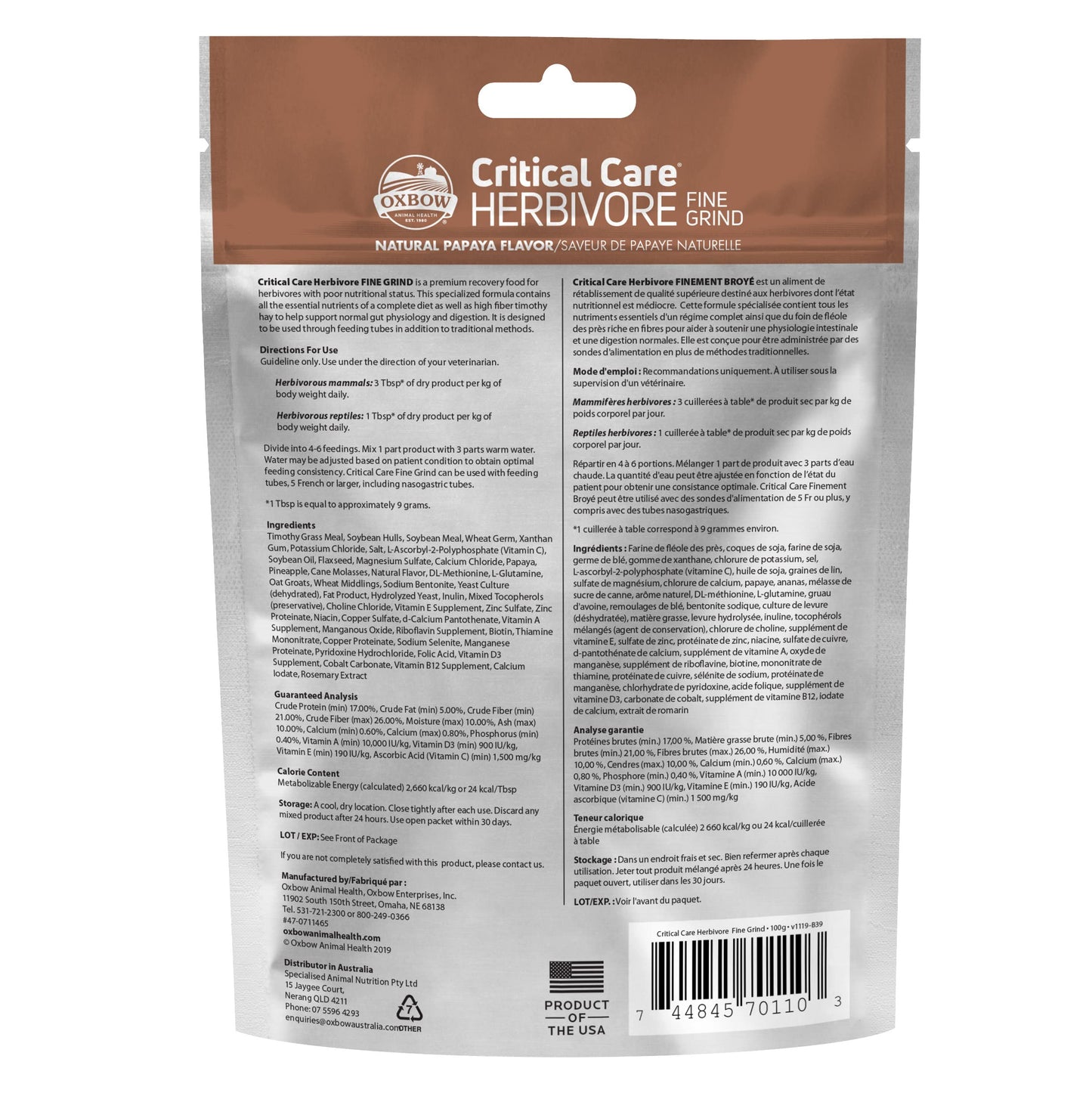 Oxbow Critical Care Herbivore Fine Grind 3.53 oz Natural Papaya Flavor