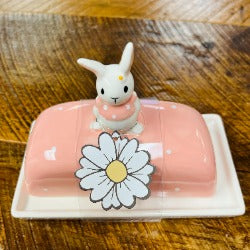 Pink Polka Dot Bunny Butter Dish
