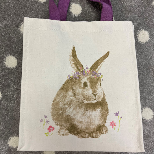 Canvas Bag with Bunny and Flowers- Purple Handle